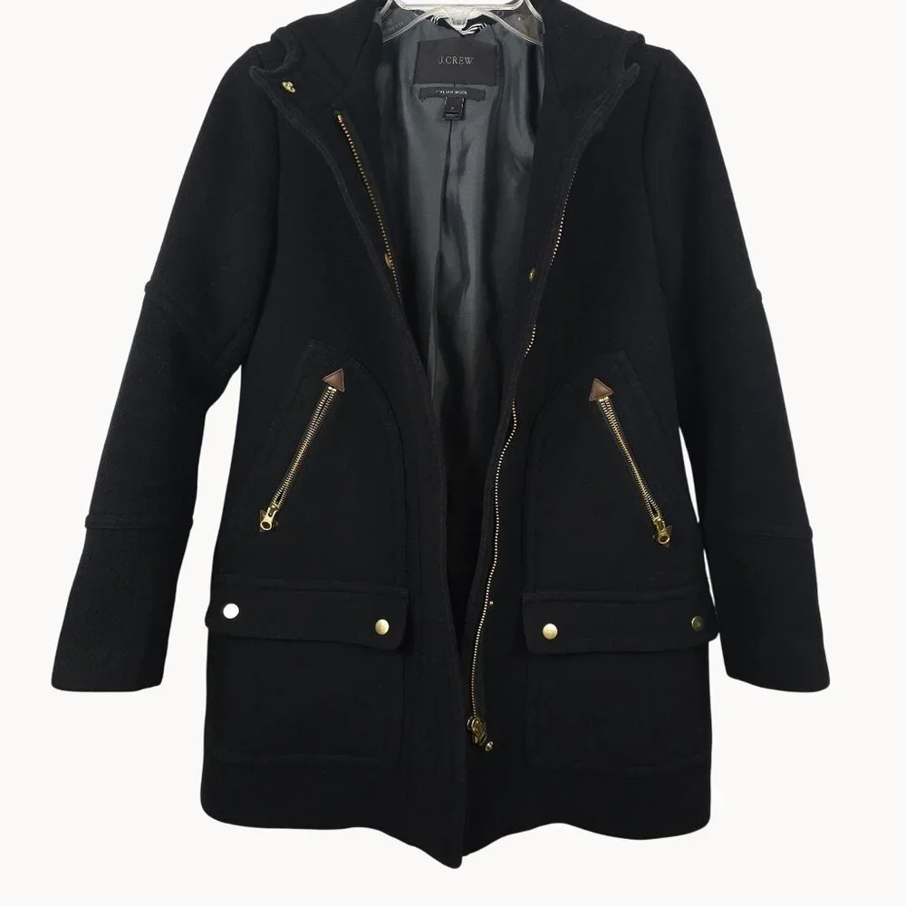 J.Crew Womens 2 Italian Wool Hooded Tailored Coat Black Lined Gold Accents Warm - Picture 3 of 15
